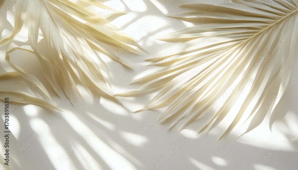 Poster two dried palm leaves are arranged on a light beige surface, creating shadows from an unseen light s