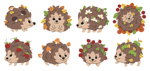 Cartoon children hedgehogs set. Cute forest hedgehogs with mushrooms, berries, leaves and apples on their backs. Autumn hedgehogs walk, hibernate. Vector illustration.
