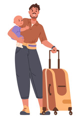 Happy young father standing holding a baby and a suitcase going on vacation flat vector illustration isolated on white.
