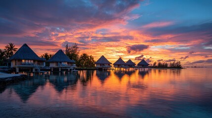 Fototapeta premium Colors explode in the sky as the sun sets beyond tropical bungalows. The serene beachfront is surrounded by palm trees, creating a peaceful, idyllic scene.