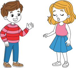 Cartoon boy talking with girl, children communication illustration, cute kids character design artwork, smiling faces drawing, cad drawing flat vector illustration