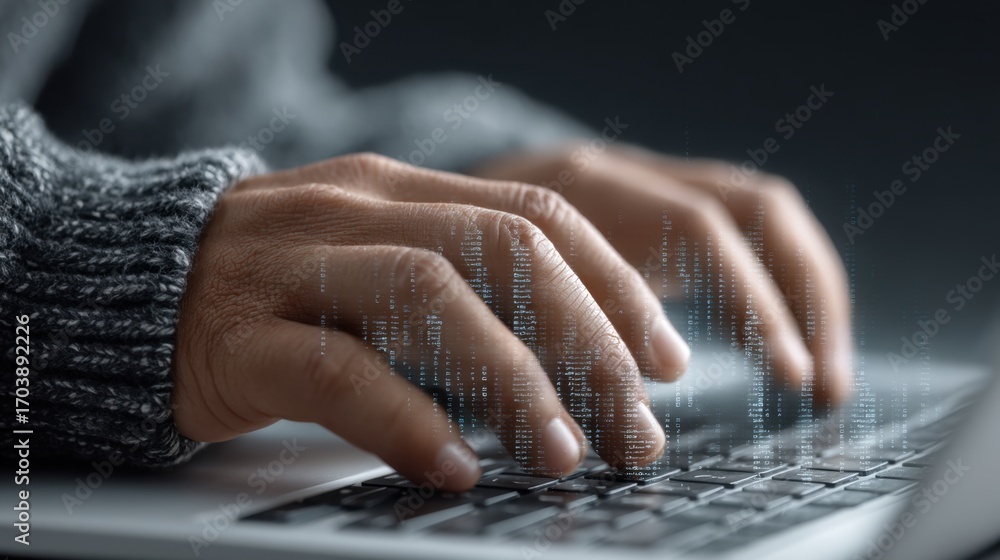 Aufkleber close-up view of hands typing on laptop keyboard with digital data overlay representing information 