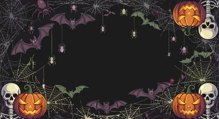 A retro video game style frame or border for Halloween. This pixel art template features skulls, jack o' lanterns, bats, and hanging lights with a blank space in the center. 8-bit aesthetic.