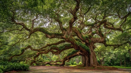 Obraz premium A huge ancient tree with wide, twisted branches stretches across a serene park. Sunlight filters through the vibrant green leaves, creating a peaceful atmosphere for visitors.