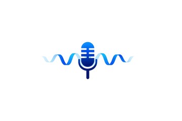 Flat design blue microphone icon with sound wave bars, modern audio recording symbol for podcast, radio, broadcasting, music and voice technology