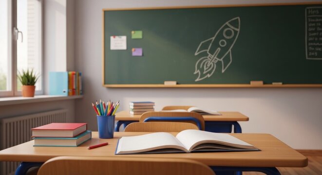Classroom scene with a chalkboard rocket drawing