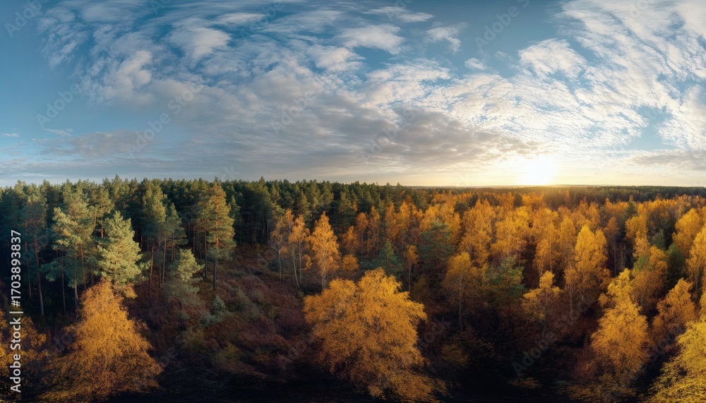 Poster An aerial view captures a mixed forest exhibiting a spectrum of autumn colors, with deciduous trees displaying shades of yellow and gold, contrasting with evergreen pines under a mostly clear sky.