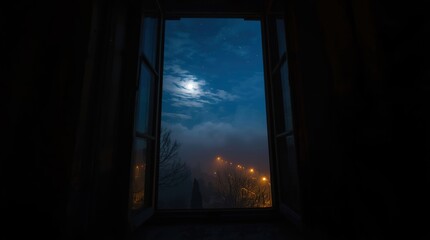 Night view from an open window showcasing a foggy landscape illuminated by streetlights