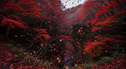 Fototapeta premium Vibrant Autumn Forest Scene with Red Maple Leaves Falling into a Serene Woodland Stream and Valley