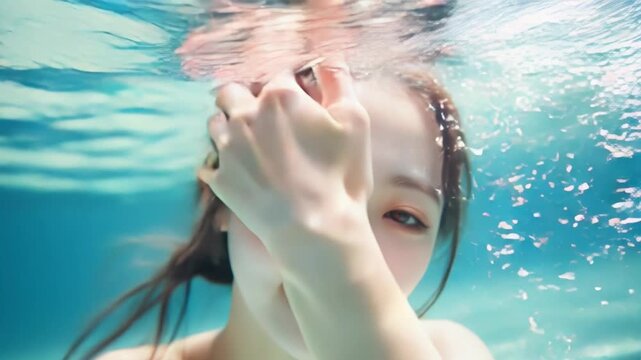 A young woman in a swimsuit and swim cap gracefully glides through the water, wearing goggles in a serene indoor spa slow motion animation, 4k