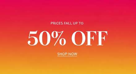 Gradient orange-red background with white text announcing a 50% off sale Shop Now button included, ideal for online advertisement or sale banner