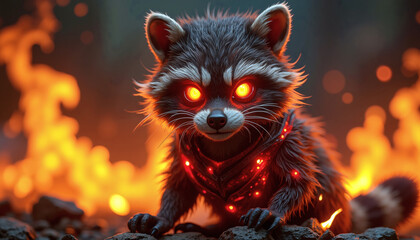 Fiery-Eyed Raccoon Warrior:  Digital 3D Render, Fantasy, Dark, Intense, Glowing Armor, Infernal Background.