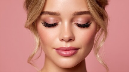 Fototapeta premium Woman displays a serene expression with closed eyes, wearing subtle makeup that highlights her features against a soft pink backdrop. Elegance and beauty are captured in this moment.
