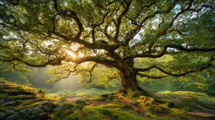 Fototapeta premium An ancient oak tree with sprawling branches captures sunlight as it filters through the leaves. Lush moss covers the ground, creating a serene atmosphere in the forest.