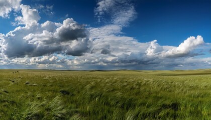 Obraz premium Expansive Prairie Landscape Under A Sky Filled With Cumulus Cloud Formations