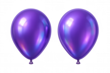 Shiny purple holographic balloons floating together, creating festive ambiance against transparent backdrop for party design
