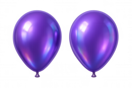 Shiny purple holographic balloons floating together, creating festive ambiance against transparent backdrop for party design