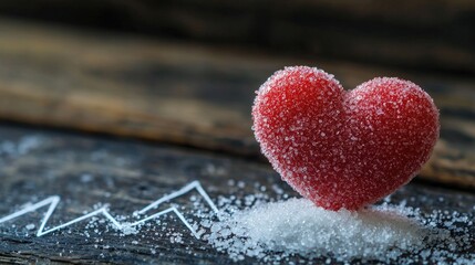 Obraz premium A red heart-shaped candy on a wooden surface with a graph in the background.