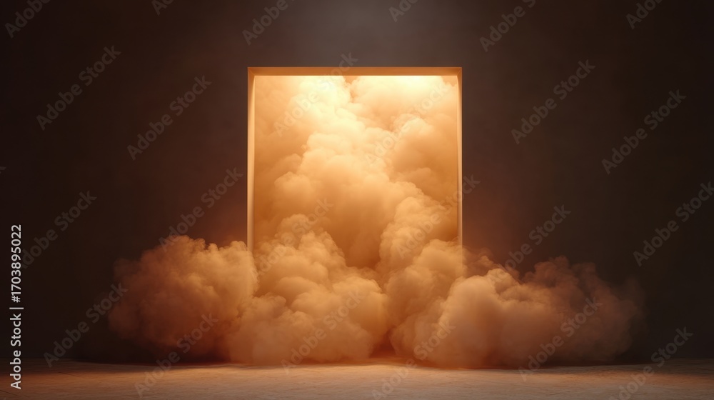 Poster ethereal light emerging from open door surrounded by soft clouds of smoke in a darkened room creatin