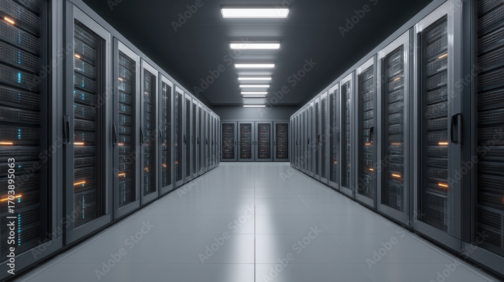 Poster modern data center interior view with rows of server racks illuminated by bright lights in a high-te