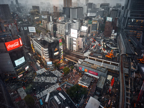 Rainy evening view of the famous Shibuya Crossing in Tokyo, Japan, with crowds of people holding umbrellas, illuminated billboards, and city buildings.