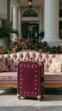 luxury suitcases with cherry lacquer finishes standing in boutique hotel lobbies