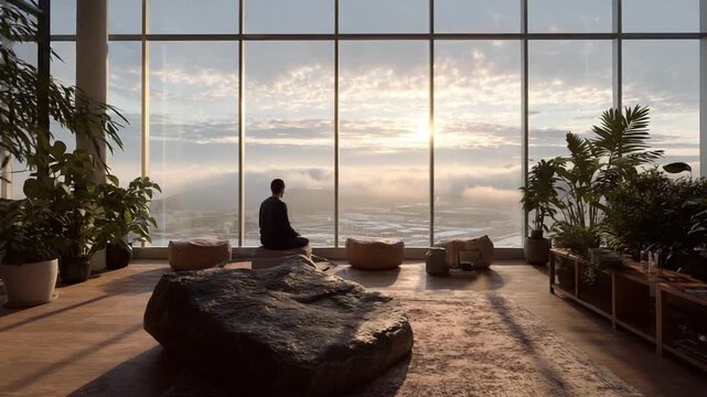  Serene Contemplation: Silhouette of a person in deep meditation, enveloped by tranquility, with a breathtaking view of the world outside, embodies calm, focus and connection.