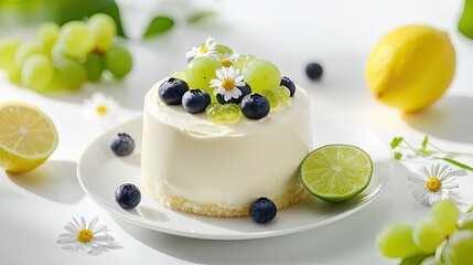A white cake with blueberries and grapes on a white plate with a lemon and flowers.