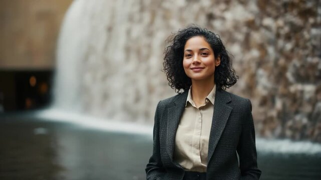 Confident Executive at Waterfall: A stylish woman in a dark professional suit exudes confidence against the backdrop of a cascading waterfall.