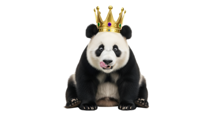 Panda bear wearing a crown and licking his lips isolated PNG with Transparent Background