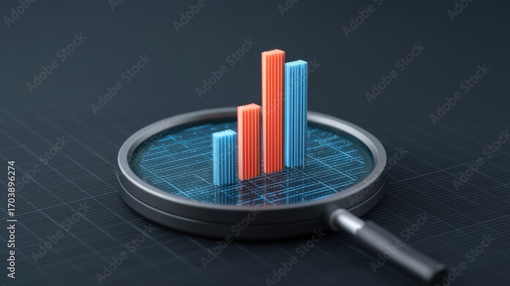 Aufkleber detailed visualization of statistical data insights with magnifying glass enhancing blue and red bar