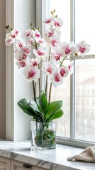 Elegant arrangement of pink and white orchids in a clear glass vase sits on a marble windowsill, bathed in natural light.