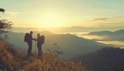 Two silhouetted figures with backpacks stand on a mountain peak, observing a sunrise over a misty valley.
