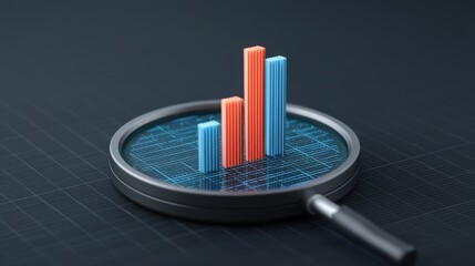 Detailed Visualization of Statistical Data Insights with Magnifying Glass Enhancing Blue and Red Bar Graphs on Dark Background