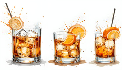 Three Paloma cocktails with ice and grapefruit slices in highball and rocks glasses. Watercolor illustration of tequila-based pink drinks with salt rim and rosemary garnish	