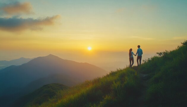 A man and a woman stand on a grassy mountain peak, holding hands and gazing at a vibrant sunrise over a range of misty mountains. - Powered by Adobe