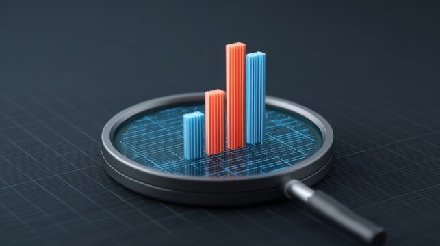 Detailed Visualization of Statistical Data Insights with Magnifying Glass Enhancing Blue and Red Bar Graphs on Dark Background