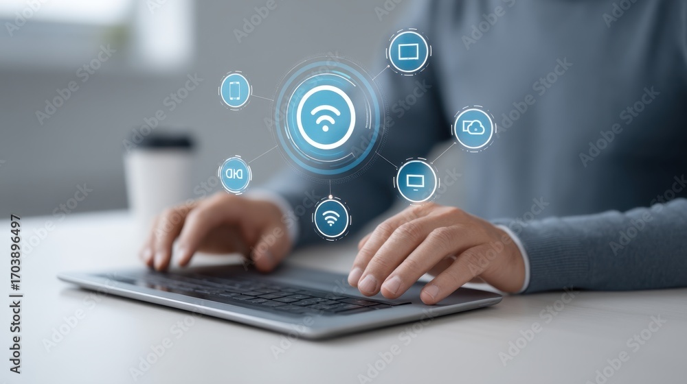 Aufkleber modern technology interaction of a person using a laptop with wireless connectivity icons and a coff