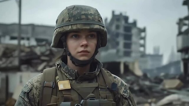 A&nbsp;female soldier&nbsp;in military uniform and helmet, standing amidst the ruins of what appears to be a&nbsp;destroyed urban environment, possibly a consequence of war or conflict slow motion, 4k video
