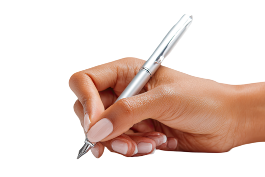 Close-up of a hand holding and writing with a silver pen
