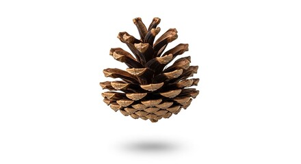 Brown Pine Cone Floating on White Background with Soft Shadow