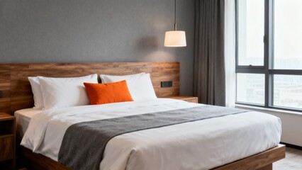Modern bedroom interior with large window