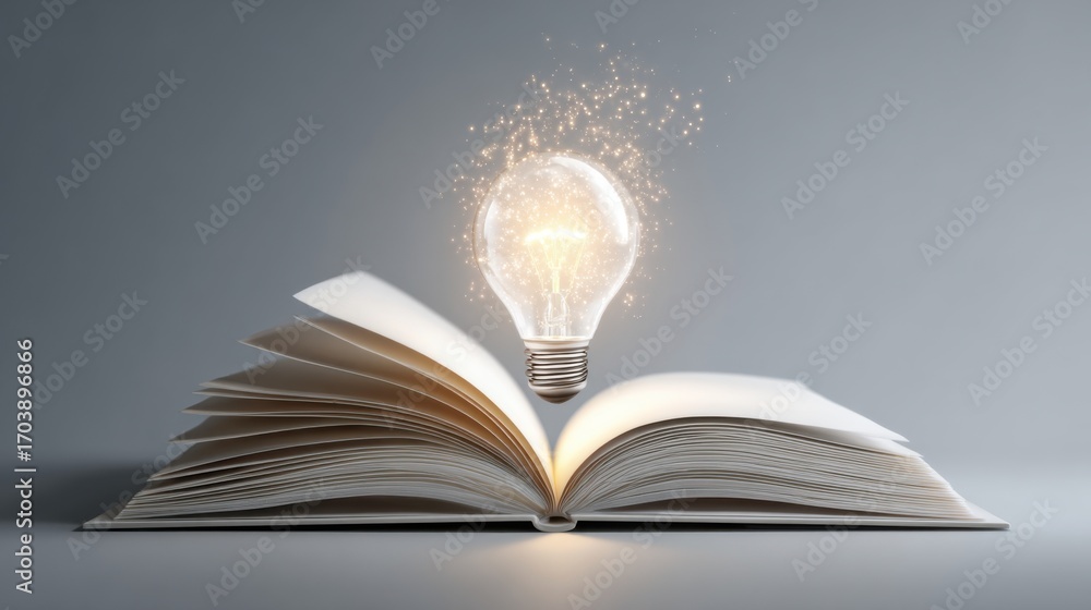 Poster an open book is illuminated by a glowing light bulb hovering above, symbolizing inspiration and crea