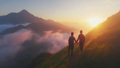 Fototapeta premium Two people with backpacks walk hand in hand along a grassy mountain path, overlooking a valley filled with clouds and distant mountains during sunrise.