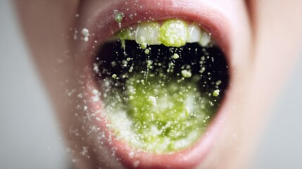 Obraz premium A person opens their mouth wide as a vibrant green powder bursts out. Bright light creates a striking visual effect in a modern indoor environment. The moment captures surprise and energy.