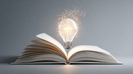 An open book is illuminated by a glowing light bulb hovering above, symbolizing inspiration and creativity in a quiet study environment.