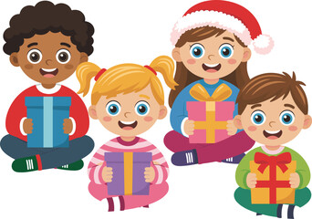 Group of happy children sitting with colorful gift boxes, Christmas holiday party celebration, cute cartoon festive artwork, smiling kids, cad drawing flat vector illustration