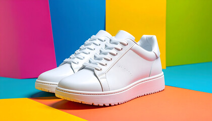 Cool Sneakers on Colorful: A pair of pristine sneakers are meticulously arranged on a vibrant backdrop of colorful blocks, casting a modern, eye-catching appeal. It's a celebration of style, comfort.