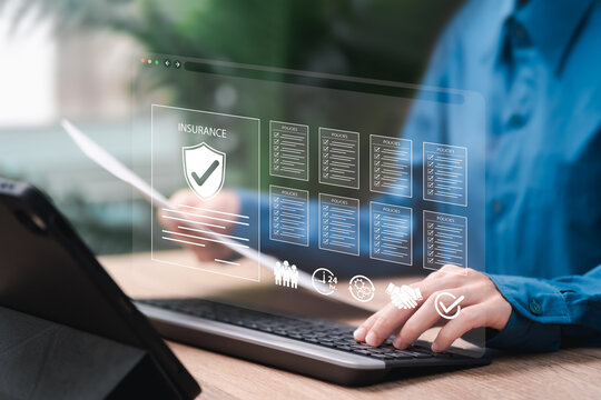 Insurance Policy Terms and Online Verification, Female Insurance Officer Reviewing Conditions, Claim Process, Customer Protection, Digital Risk Management, Contract Approval, Secure Insurance Services