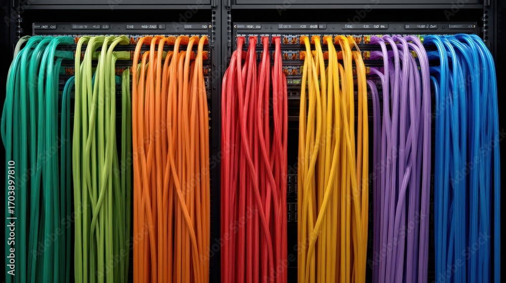 Poster Colorful Network Cables Organized Neatly in a Server Rack Displaying Various Colors for Enhanced Data Connectivity and Infrastructure Management